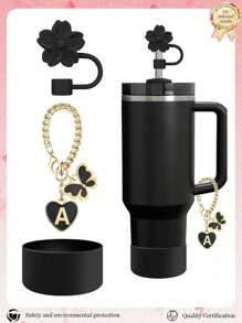 3pcs Accessories Designed For 30-40oz Cups, Pink Letter Cup Marker & Silicone Hibiscus Flower Straw Caps, , Reusable Straw Caps For 10mm Large Diameter Straws, Cute LetterStanley AccessorySelf-Adhesive Chenille Letter,Cup Accessories.Compatible With Stanley Backto School /Beach Essentials