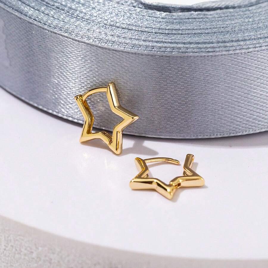 1 Pair Golden Plated Star Earrings For Couples Five-Pointed Star Ear Hoop - Yellow Gold - View 1