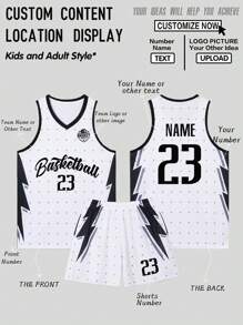 2pcs Personalized Tween Boys Training Basketball Jersey- Customized School Name,Number And Photo Print Tank Top+Shorts Sports Set