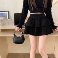 Corduroy Skirt With Tiered Ruffle Design - Black - View 3