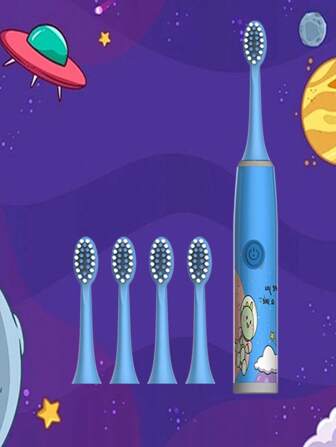 Children Electric Toothbrush, Model W8 (Space-Calf-Deer Series, 5 Brush Heads Included), Suitable For Boys And Girls 3-15 Years Old, Soft Bristles, IPX7 Waterproof, Simple White Design, Full-Automatic Toothbrush With One-Key Start (Batteries Not Included)