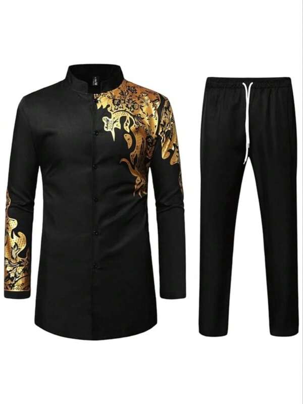 Conjunto informal de 2 piezas estilo retro para hombre, con estampado dorado retro, de moda