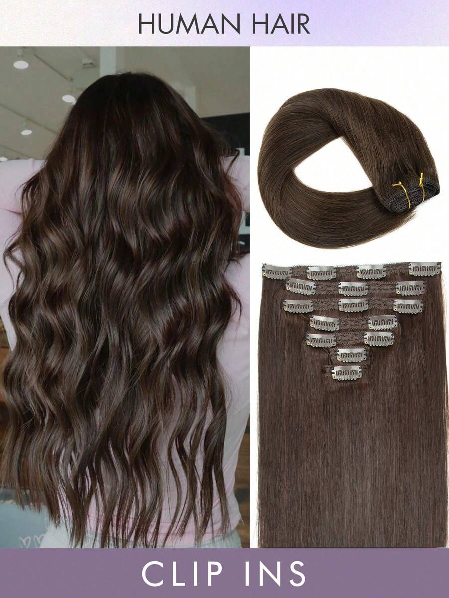7片装夹式接发片，真人发，2号深棕色，14-22英寸直发，Remy真人发夹式接发片，无痕夹式接发片 - S2 - 查看 1