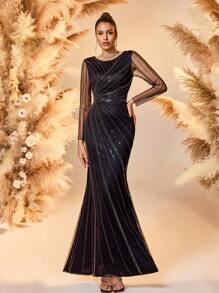 Women Elegant Black Beaded Wedding Guest Dress, Long Sleeve Striped Maxi Dress With Flowy Hem, Party Dress, Prom Dress - Black - View 4