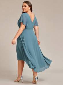 EVERPRETTY Plus Size Women Double V-Neck Ruffles Sleeve A-Line Chiffon Midi Wedding Guest Dress, Bridesmaid Dress