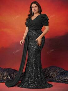 Vestido formal de fiesta de manga corta con cuello en V ajustado y lentejuelas para mujer de talla grande, vestido elegante de la madre de la novia, vestido de invitada de boda, vestido de noche