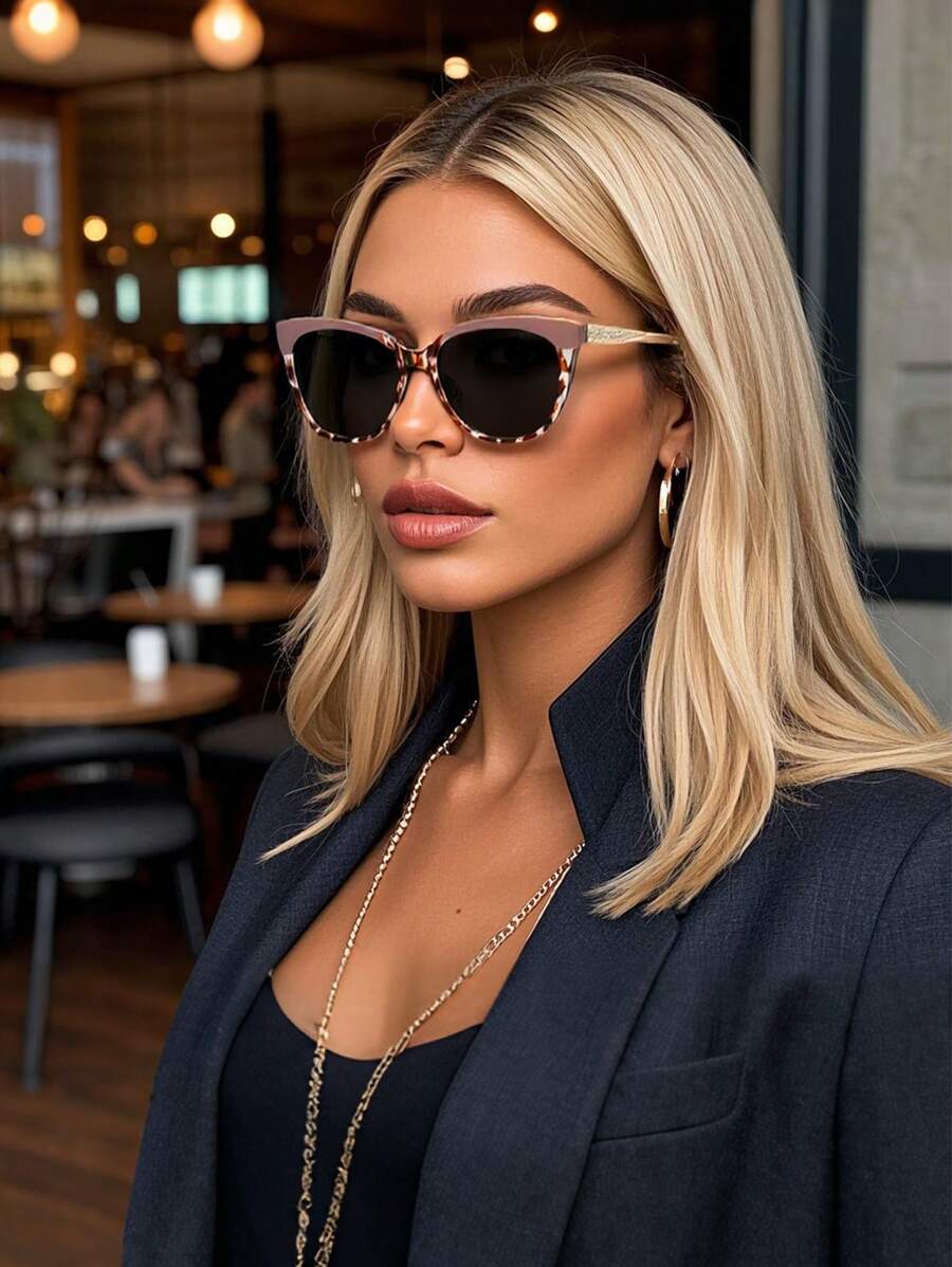Polarized Sunglasses For Men & Women, Retro Cat-Eye Frame, Leopard Print, Bohemian Style Plastic Fashion Glasses, Classic Design For Outdoor Sports, Cycling, Travel, Beach, Driving, Fishing, UV Protection Fashionable Shade Elegant Outfit Family Outings Travel Vacation Holiday For Summer Beach Vacation,Outdoor,Travel - 黑色 - 查看 1