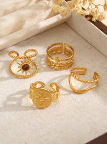 4 قطع طقم من الخواتم مطلي بالذهب الأصفر عيار 18 قيراط، بتصميم النجمة والشمس، مناسبة للاستخدام اليومي للنساء - متعدد الألوان - مشاهدة 6