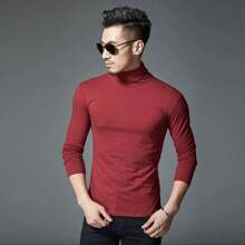 Men's Ribbed Turtleneck Long Sleeve Shirt, Old Money Style - 酒紅色 - 查看 2