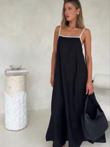 Women's Fashion Contrast Color Cotton And Linen Long Style Suspender Skirt Dress - màu đen - Xem 1