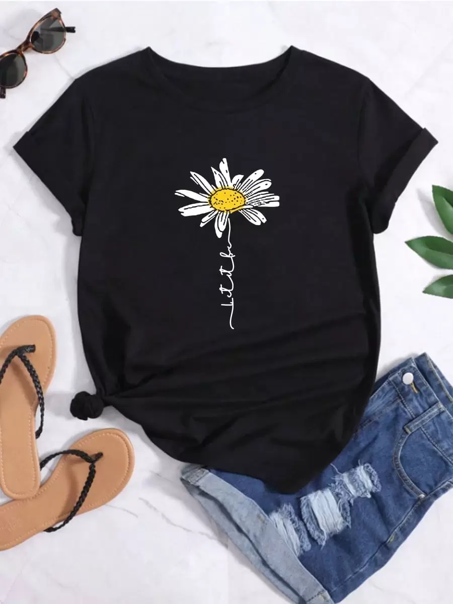 RWDSDWT Camiseta de manga corta con estampado de girasoles para mujer, para primavera y verano - Negro - Ver 1