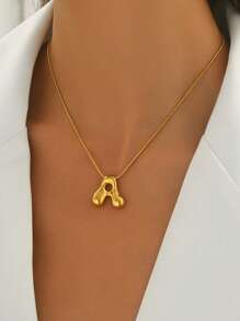 Golden Color Stainless Steel Initial Necklace For Women Girls Chunky Bubble Letter Pendant Necklaces Collar Jewelry Gift