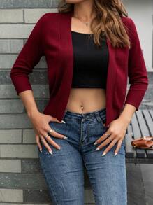 AAmilife Women V-Neck 3/4 Sleeve Solid Color Ribbed Knitted Cardigan - Burgundy - View 5