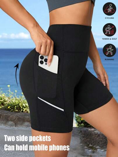 Women Pocket Sports Shorts High Waist Seamless Yoga Sports Leggings Gym Tummy Control Lift Buttocks Stretchable Shorts Reflective Stripe Outdoor Fitness Running Sports Shorts Without Belt Loops Women Boxer Shorts