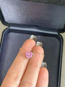 BALMORA 1pc 925 Sterling Silver Vintage Elegant Cute Sweet Mini Pink Heart Zirconia Pendant Necklace, Suitable For Women, Girlfriend, Birthday, Valentine's Day Jewelry Gift - Gold - View 7