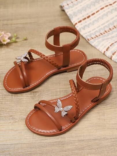 1 双大码棕色珍珠和蝴蝶装饰婴儿/幼儿女孩平底凉鞋，PU 系带圆头防滑休闲正装鞋，适合 3-15 岁女孩日常、派对、旅行、春/秋季