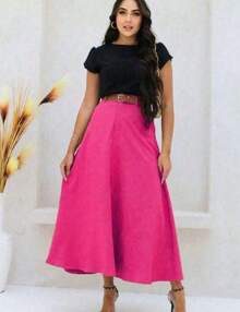 Women's Long Round Skirt Tailoring Evangelical Fashion Casual Basic Winter High Waist Elegant - Màu Hồng Tươi - Xem 1