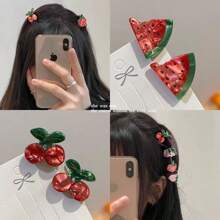 2 件水果形迷你发夹，西瓜和樱桃侧刘海发夹公主发饰（无卡）