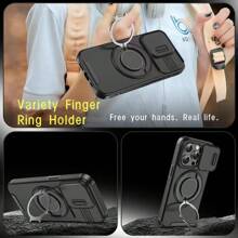 Compatible With Iphone 16/15/14/13/12/11/Pro/ Pro Max/Plus Mobile Phone Case, With Sliding Camera Cover + [Full Camera Protection], With 360° Rotating Ring Bracket/Magnetic Car Bracket/Matte Texture Shockproof Mobile Phone Protective Case - Black - View 10