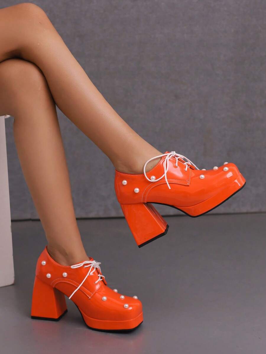 小巧女士超高厚底性感系带高跟鞋，2025年春季新款百搭时尚粗跟珍珠漆皮高跟鞋 - 橘色 - 查看 1