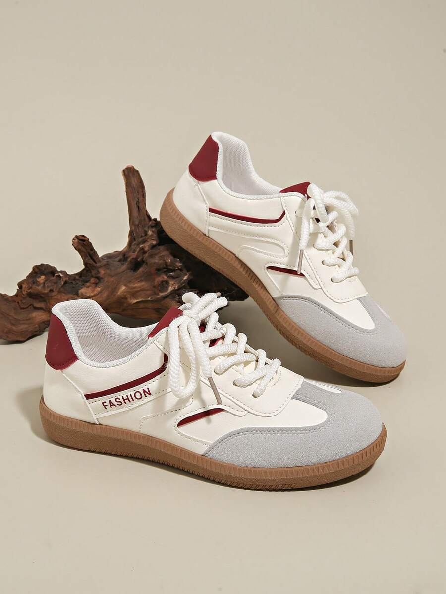 Women's Net Mesh Trainers, Contrasting Suede Leather, Waterproof Anti-Slip Round Toe Lace-Up Casual Flat Comfortable Versatile Sneakers, Low-Top Sporty Retro Style - Red - View 1