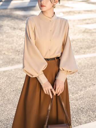 女士优雅纽扣式雪纺长袖衬衫，春夏