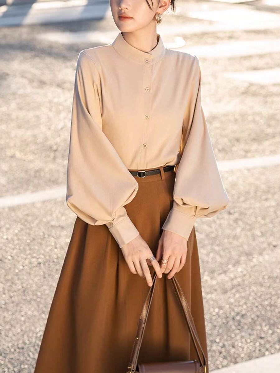 女士优雅纽扣式雪纺长袖衬衫，春夏 - 卡其色 - 查看 1