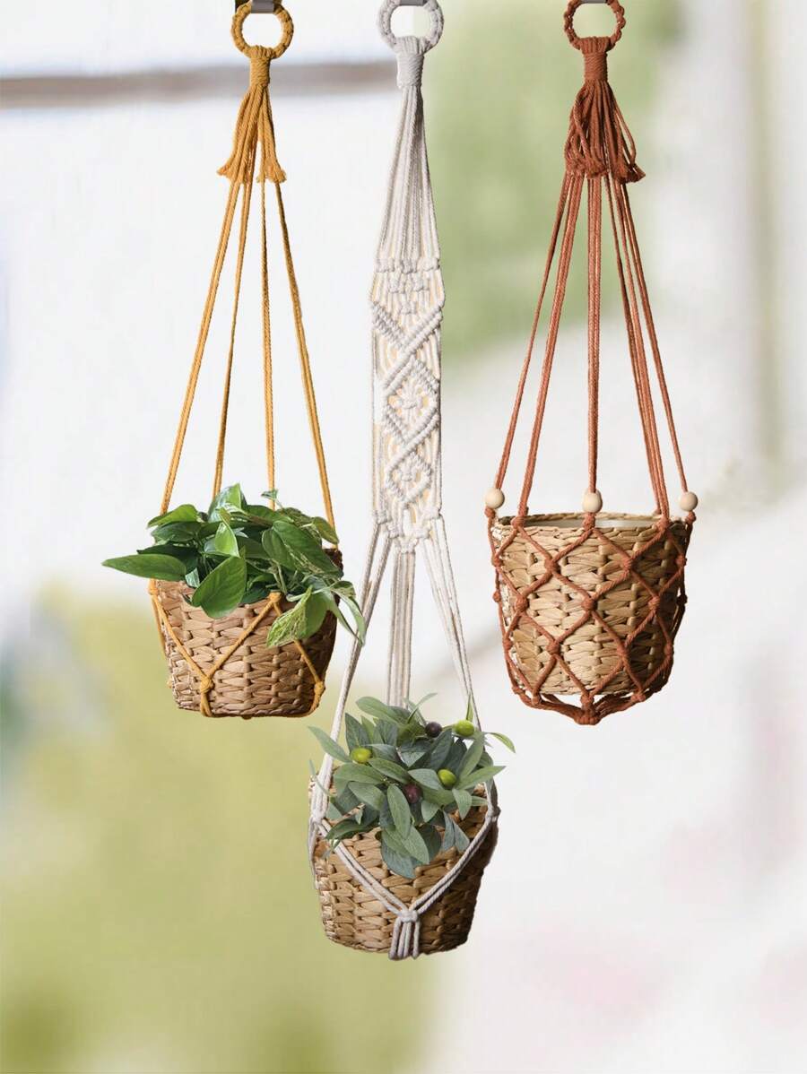 1 件，3 件/套 Macrame 植物吊架，室内悬挂式花盆篮架，带木珠，装饰性花盆架，不带流苏，无篮子