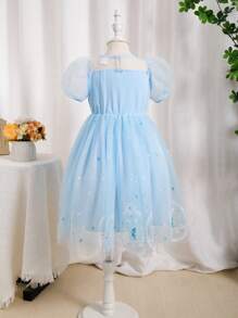 新款舞会派对儿童连衣裙5-9岁蓝色女童公主裙童话冰雪公主裙公主风薄纱连衣裙泡泡袖亮片蓬蓬裙婚礼花童儿童梦幻公主装 - 藍色 - 查看 6