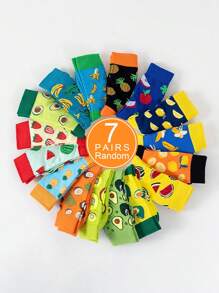 7 Pairs Women's Multi-Color Fruit Design Mid-Calf Socks, Comfortable And Versatile For Everyday Wear, Fall - Multicolor - View 1