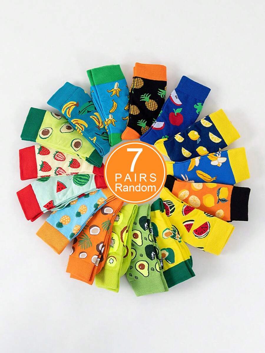 7 Pairs Women's Multi-Color Fruit Design Mid-Calf Socks, Comfortable And Versatile For Everyday Wear, Fall - Multicolor - View 1