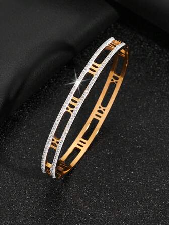 1 件女士时尚镂空罗马数字设计微镶锆石手镯，适合日常穿着