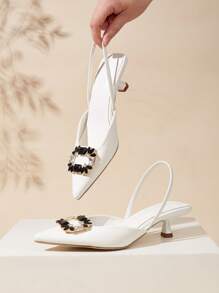 2024 Women's Pointed Toe Crystal Buckle Dress Pumps, Comfortable, Asymmetrical Cut Uppers - White - View 2