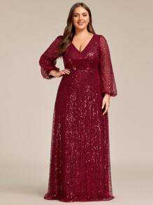 EVERPRETTY Plus Size Women's Luxurious V-Neck Burgundy Lantern Sleeve Formal Evening Gown, Party Dress, Spring/Summer Wedding Guest Dress, Holiday Dress - Burgundy - View 6