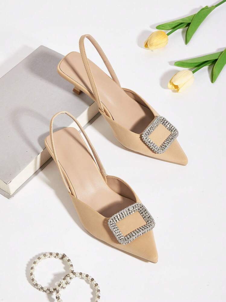 Women's 2024 New Comfortable Crystal Button Pointed Toe High Heel Shoes (Asymmetrical Cut Upper) - Apricot - View 1