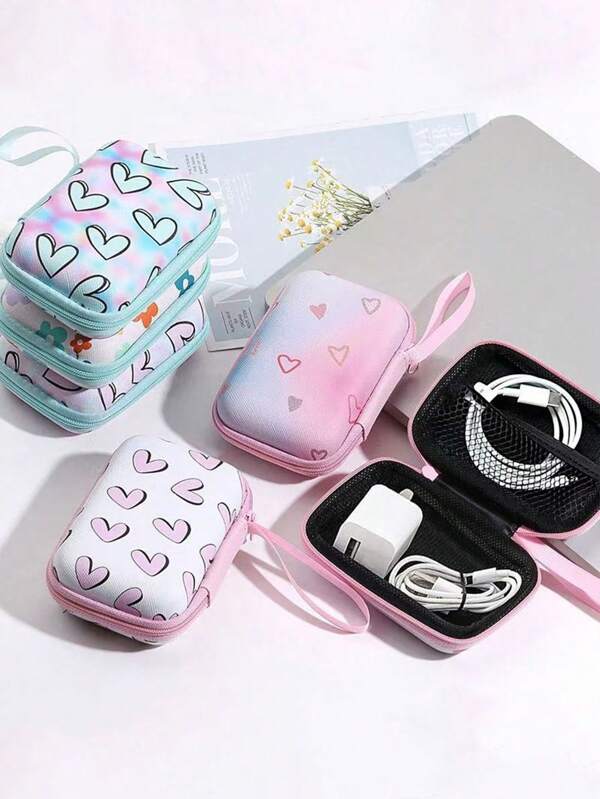 1pc EVA Print Portable Wires & Earphone Storage Bag, Creative Shockproof Digital Data Cable Organizer Box