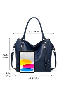 Ladies' Portable Tote Bag Large Capacity Soft Leather Shoulder Bag Classic Solid Color Letter Bag With Adjustable And Detachable Shoulder Strap - Blue - View 5