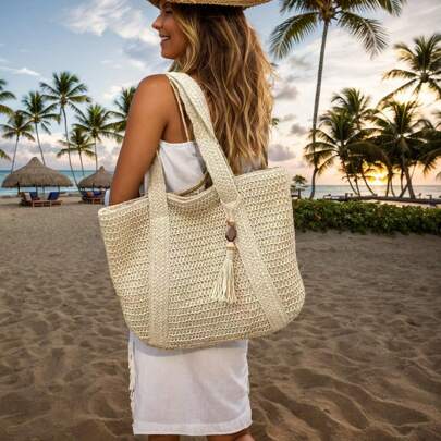 Women's Large Capacity Straw Vacation Beach Bag, Woven Tasseled Shoulder Handbag Wallet, Casual Fashion Travel Bag, Portable Bohemian Foldable Storage Tote, Vacation Essentials, Perfectly Matching With Beach Accessories Women, Hottest Beach Bags For Women, Beach Necessities, Beach Essentials, Beach Stuff & Summer Essentials, Newest Holiday Bag , Bohemian Outfit For Women