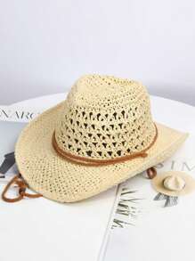 1pc Women Beige Hollow Woven Panama Hat, Cowboy Style With Wind Rope Suitable For Beach Vacation, Sun Protection And Casual Wear, Spring/Summer