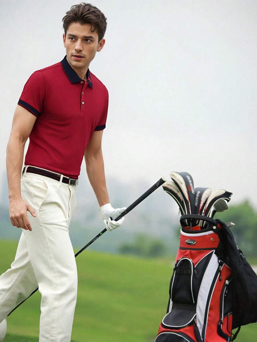 Men's Contrast Trim Golf Polo Shirt, Half Button Collar Color Block Business Casual Work Shirt For Boyfriend Gift