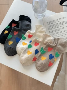5 paires de chaussettes fines d'été pour femmes avec graffitis colorés, amour, chaussettes décontractées en silicone sans peluche. Chaussettes invisibles personnalisées