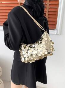 1 chiếc túi xách tay đính sequin có khóa kéo, kiểu dáng mùa hè mới, túi đeo vai dự tiệc/buổi tối dung tích lớn, túi đeo vai thời trang có dây xích, phù hợp cho phụ nữ đi chơi, đi nghỉ mát, dự tiệc, tiệc chiêu đãi. - Vàng - Xem 6