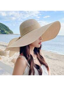 1pc Spring/Summer Fashionable Minimalist Straw Sun Hat, Outdoor Hiking Sun Protection Beach Hat - Khaki - View 5