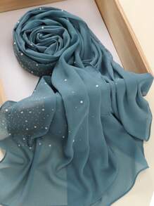 1pc Heavily Embellished Chiffon Rhinestone Hijab Scarf For Abaya - Dusty Pink - View 18