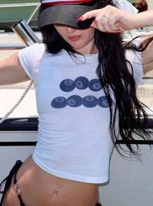 女式夏季休闲时尚舒适 Y2K 辣妹街头风格哭泣婴儿印花圆领短袖短款修身纯色印花 T 恤上衣夏季服装可爱夏季上衣 Y2k 上衣图案 T 恤女款