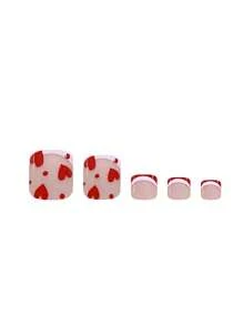 24PCS French Glitter Acrylic False Toenails - Romantic Red Square Nails With Full Coverage Design, Includes Jelly Glue & Nail File, Perfect For Daily Wear, Parties, Shopping, Afternoon Tea - Ideal For Ladies & Girls Press On Nails