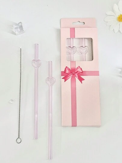 1/2/4/5/6/8Pcs/1/2Set Pink Cute Cartoon Heart Charms Straight Glass Straw,Reusable Bent And Clear Party Glass Drinking Straws With A Cleaning Brush,For Water Cup,Kitchen Accessories,Cold Drinks, Milk Tea, Coffee, Juice, Smoothies, Kitchens, Restaurants, Cocktail Parties, Back-To-School, Gifts For Girlfriends/Boyfriends, Parents, Friends, Holiday Supplies.
