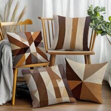 4pcs Coffee Geometric Painting Design Decorative Throw Pillow Covers, Skin-Friendly Peach Velvet Fabric, One-Sided Printed 45*45CM, Suitable For Home, Bedroom, Living Room, Sofa, Gift