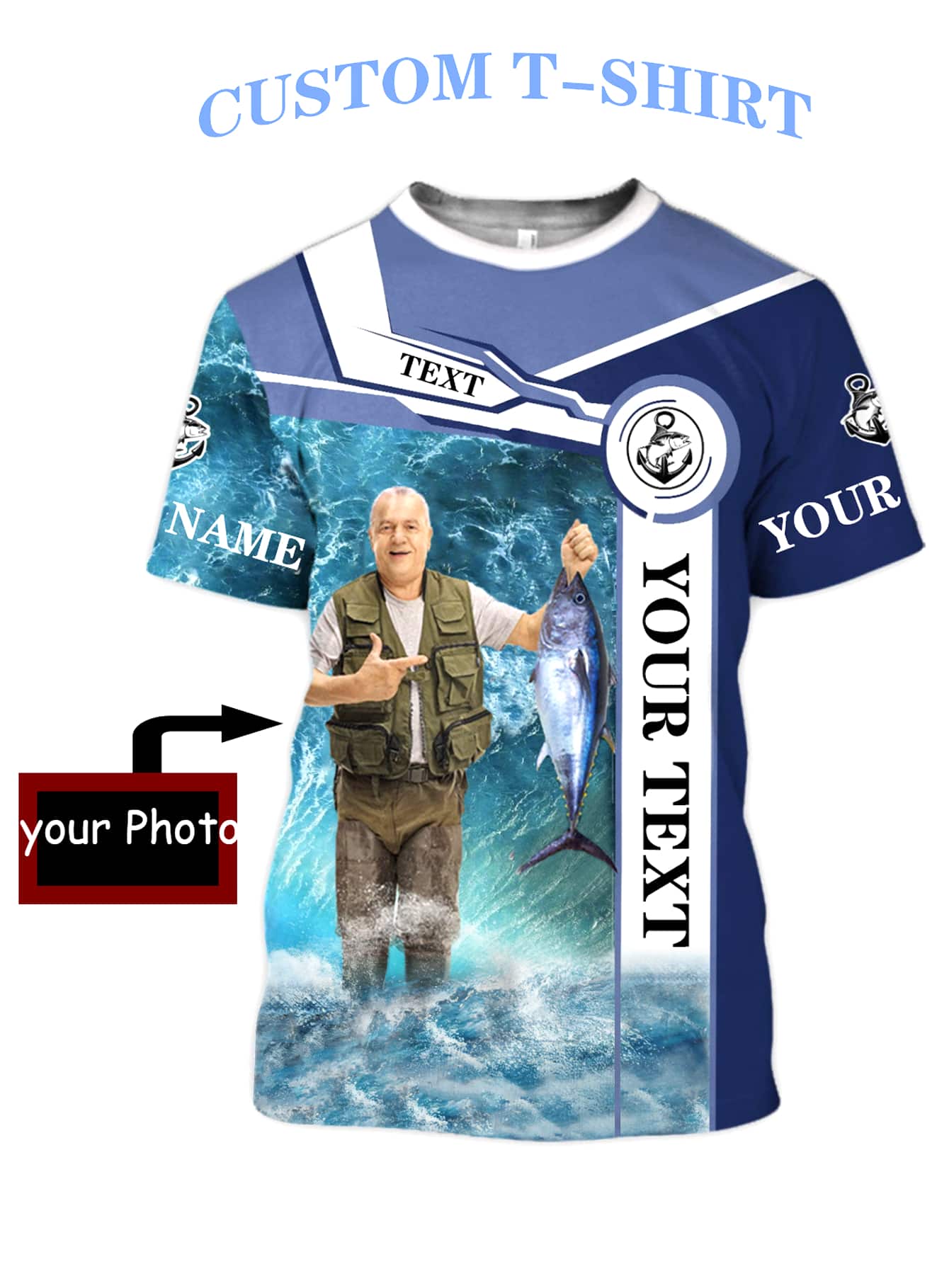 Customized Men's Contrast Color Block Printed Short Sleeve T-Shirt - Blue - View 1