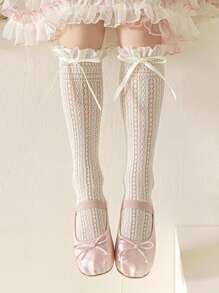 1 Pair Girls Lace Trim Knee High Socks, Lightweight Summer Bowknot Lolita Style Korean Ballerina Baby Kids Leg Socks